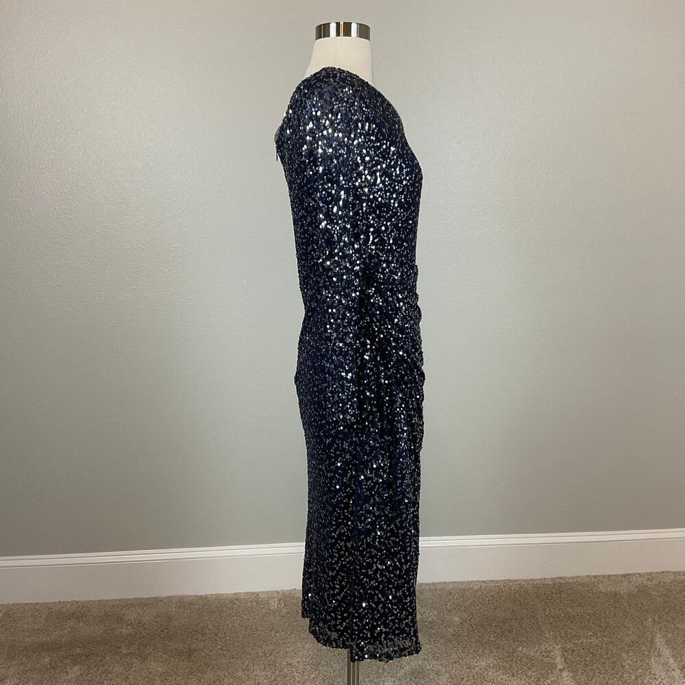 Betsy & Adam Blue Cocktail Dress Sequin One Shoulder Long Sleeve Sheath Size 10 - Picture 4 of 13